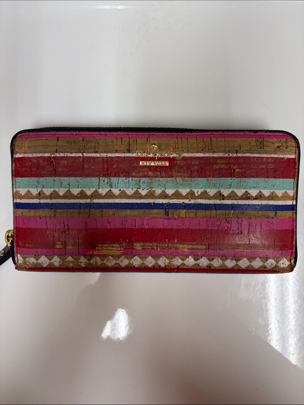kate spade Pink, Red, Aqua and Brown Striped Zip Wristlet Wallet